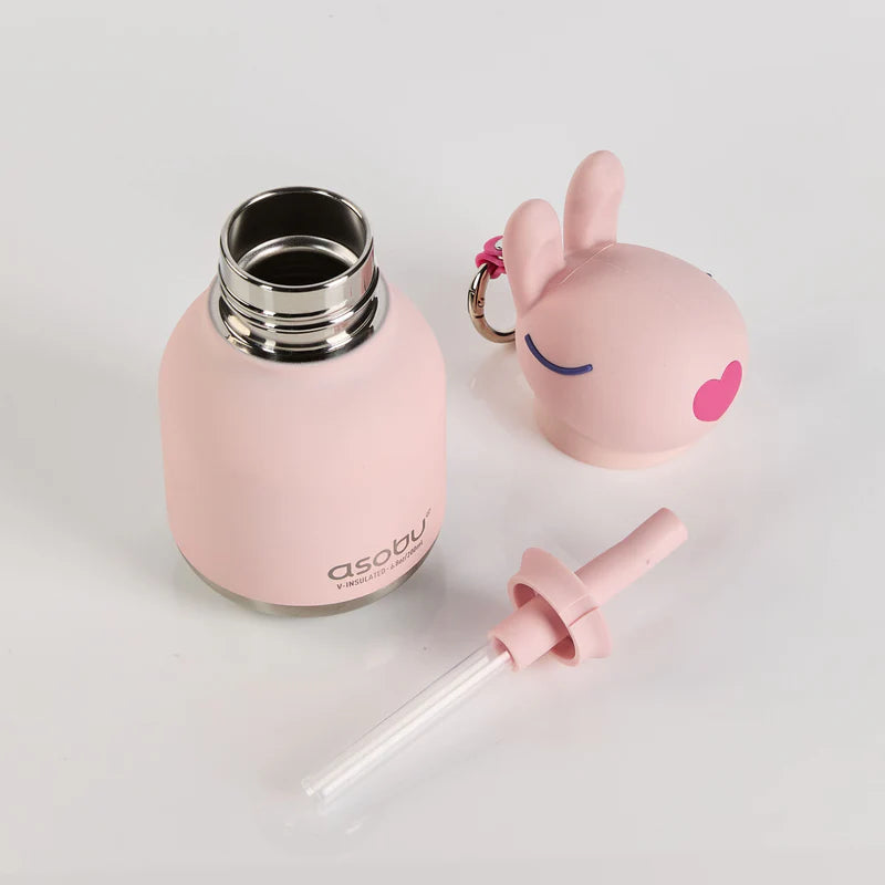 Asobu Mini Bestie drinkfles sleutelhanger van 200 ml met konijn karakter-head, bij De Gele Flamingo.