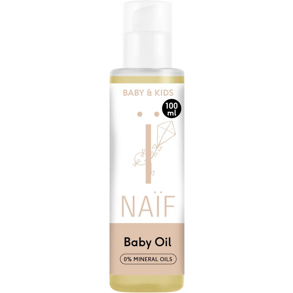 Naïf Baby Oil van 100 ml voor de gevoelige babyhuid, verkrijgbaar bij De Gele Flamingo.