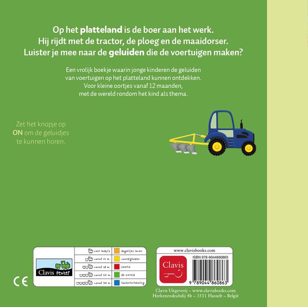 Clavis geluidenboekje Dag tractor en andere voertuigen, hardback boekje bij De Gele Flamingo.