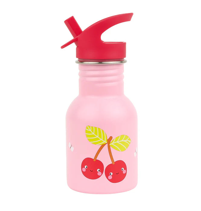 A Little Lovely Company mini RVS drinkfles 350 ml met Happy Cherries-print in roze
