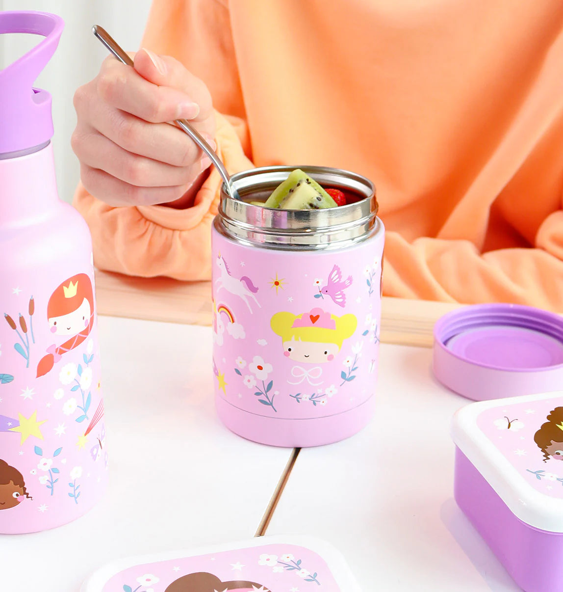 A Little Lovely Company RVS food jar 300 ml met Prinsessen-print in lila