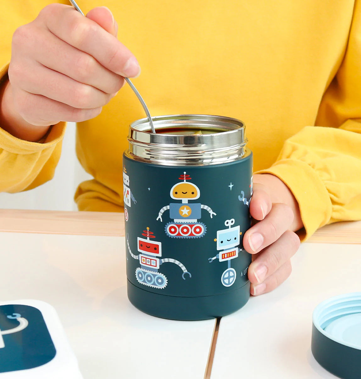 A Little Lovely Company RVS food jar 300 ml met Robots-print in blauw