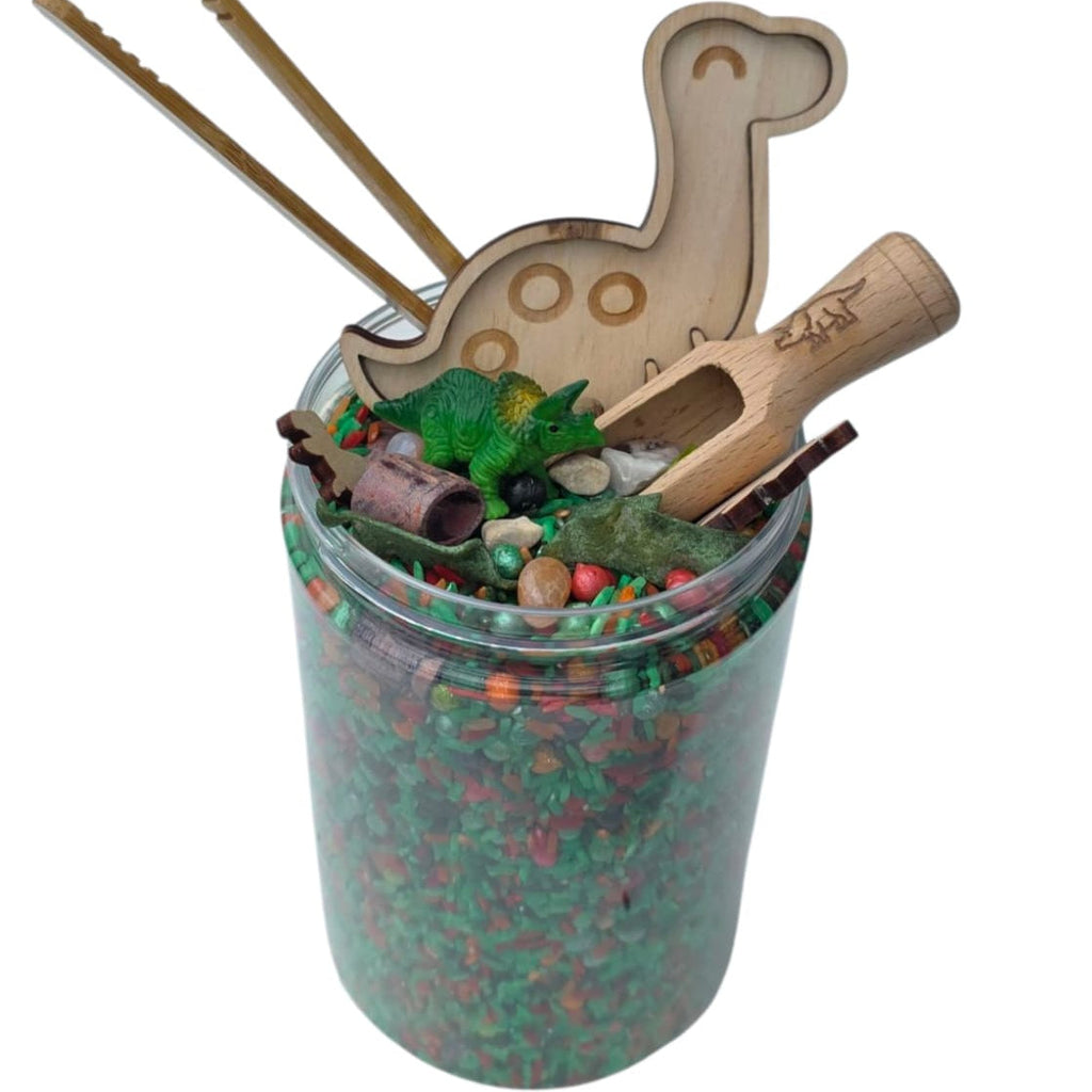 SensoryFun Speelrijst Mix PourAndPlay Dino in een mega pot van 1250 ml, bij De Gele Flamingo