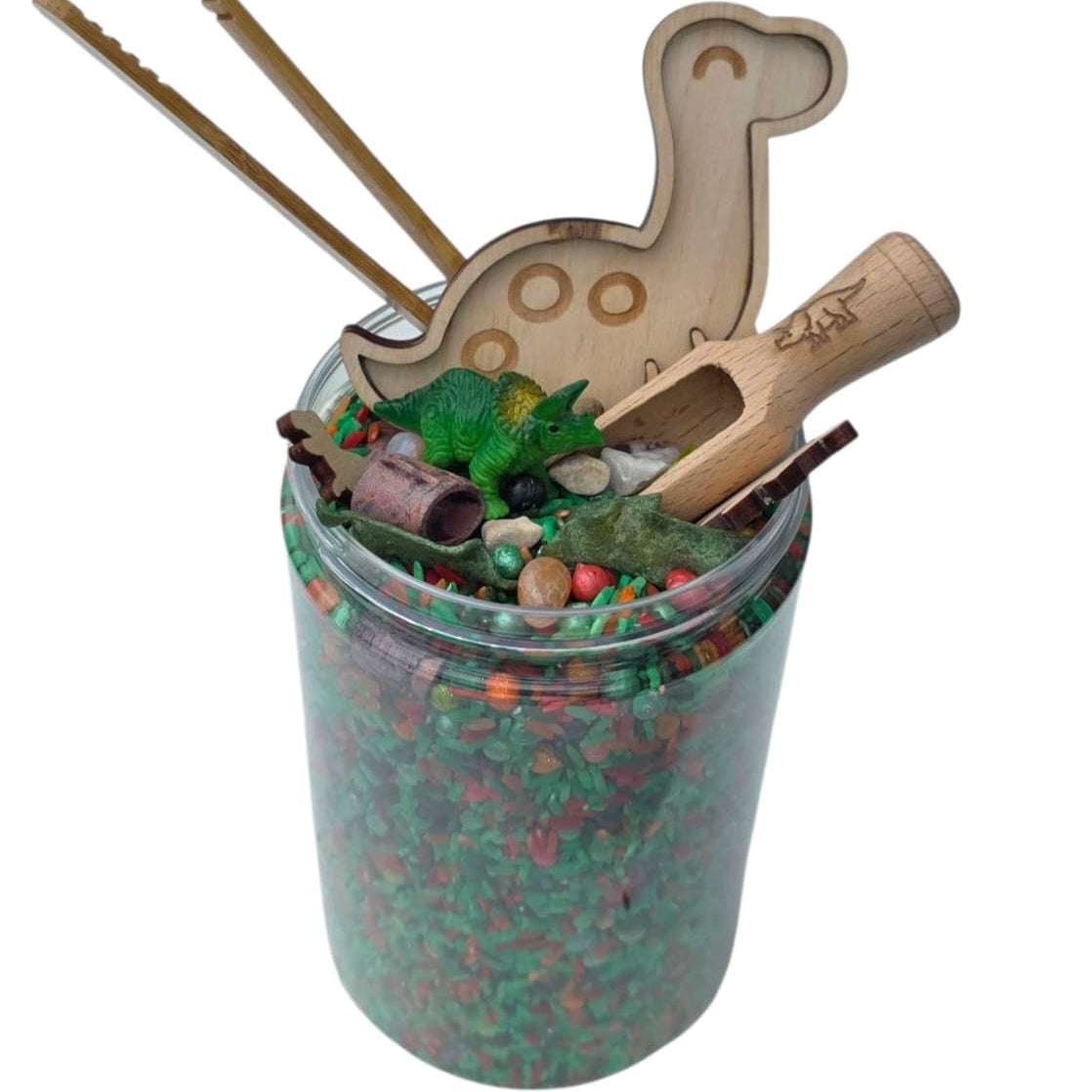 SensoryFun Speelrijst Mix PourAndPlay Dino in een mega pot van 1250 ml, bij De Gele Flamingo