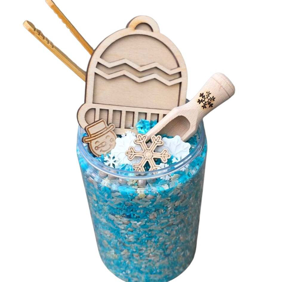 SensoryFun Speelrijst Mix PourAndPlay in winterthema, pot van 1250 ml bij De Gele Flamingo