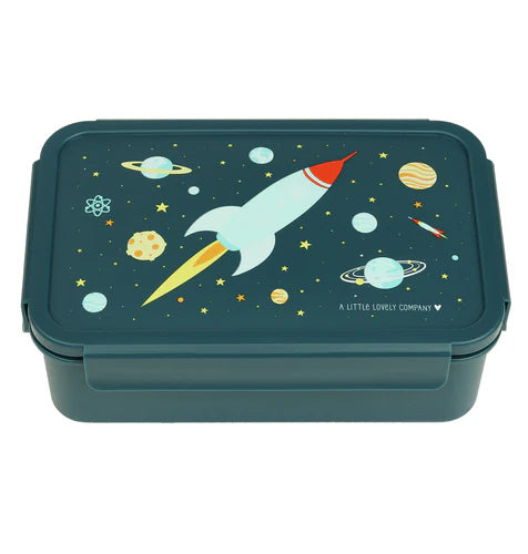 A Little Lovely Company lunch box met verdeelvakjes en Ruimte-print in blauw