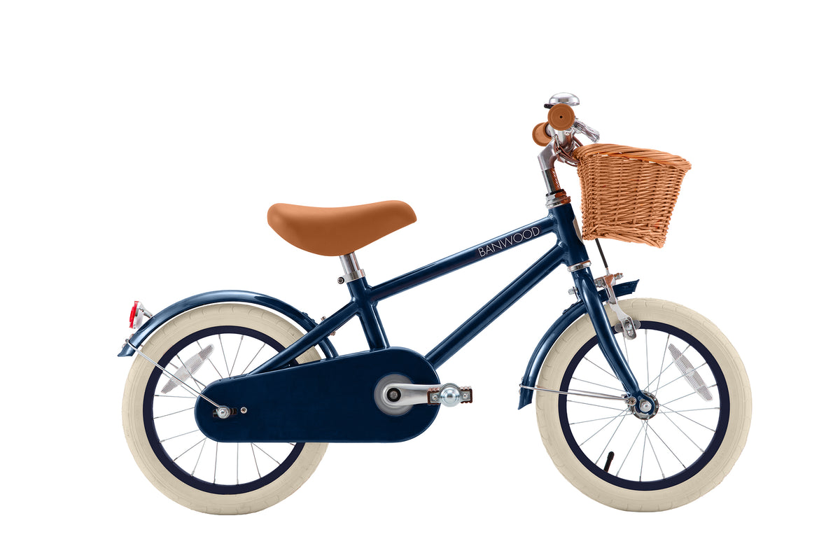 Banwood Classic Vintage 14 inch kinderfiets in navy met stijlvolle retrolook, te koop bij De Gele Flamingo.