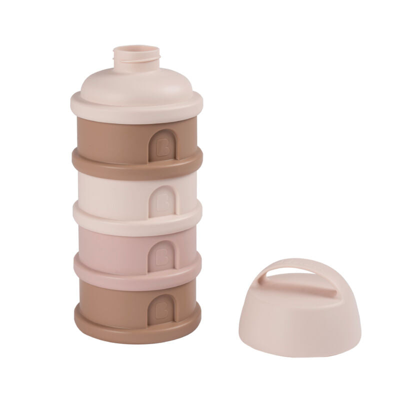 Béaba Melkdoseerdozen Cotton Candy met vier modulaire compartimenten, te koop bij De Gele Flamingo.