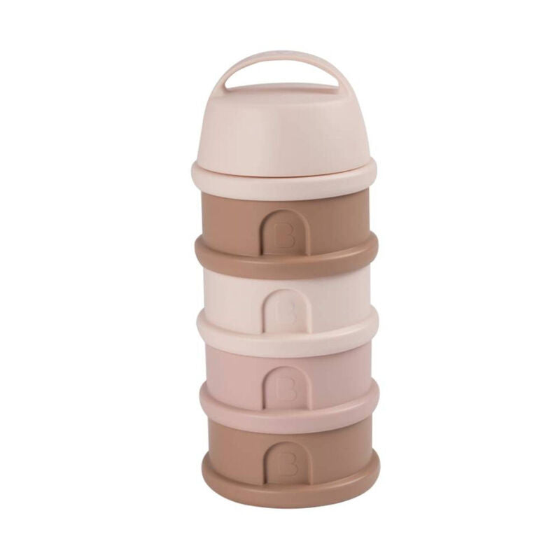 Béaba Melkdoseerdozen Cotton Candy met vier modulaire compartimenten, te koop bij De Gele Flamingo.