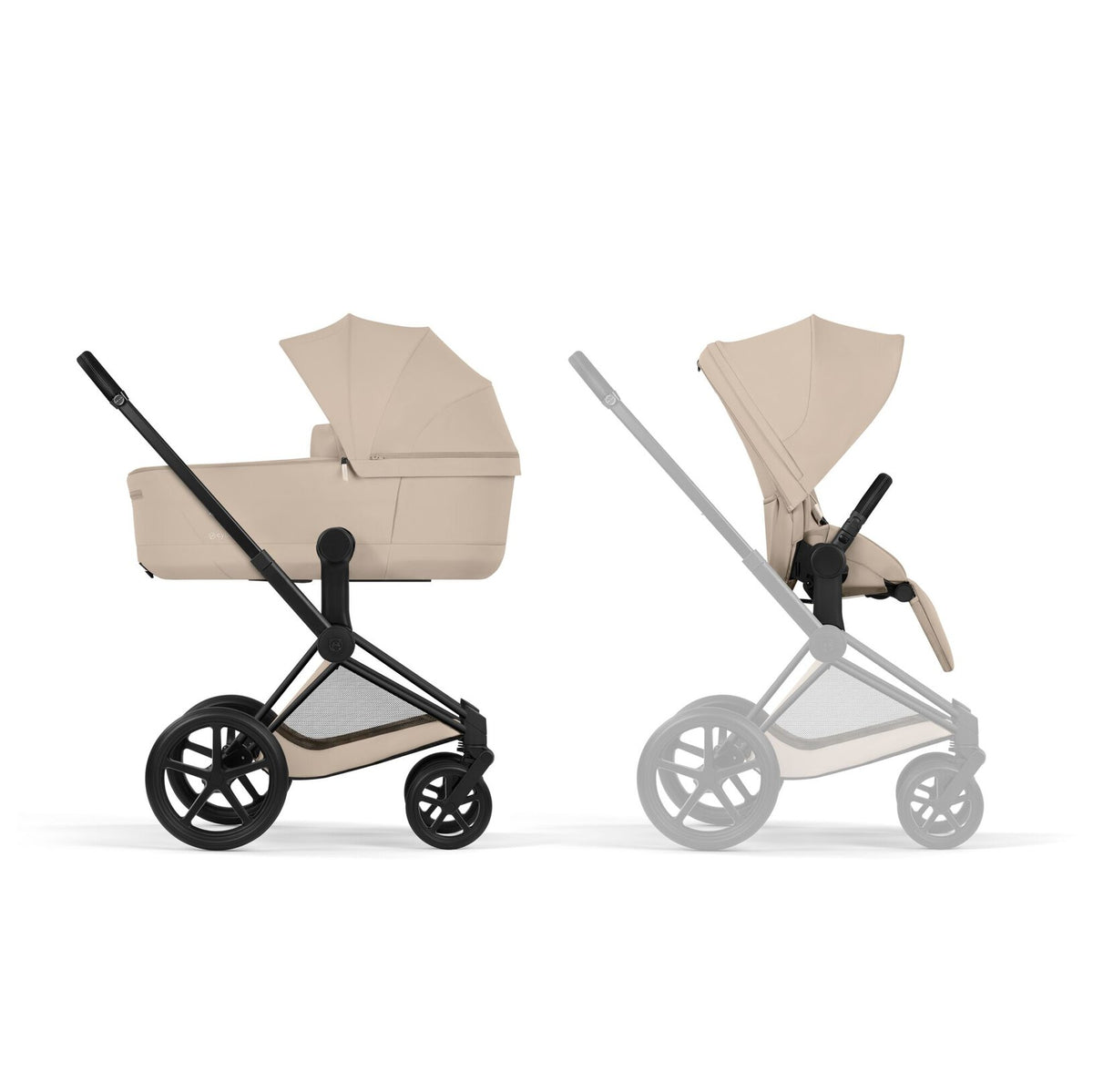 CYBEX Priam met Foldable Carry Cot in Cozy Beige en Matt Black frame, bij De Gele Flamingo