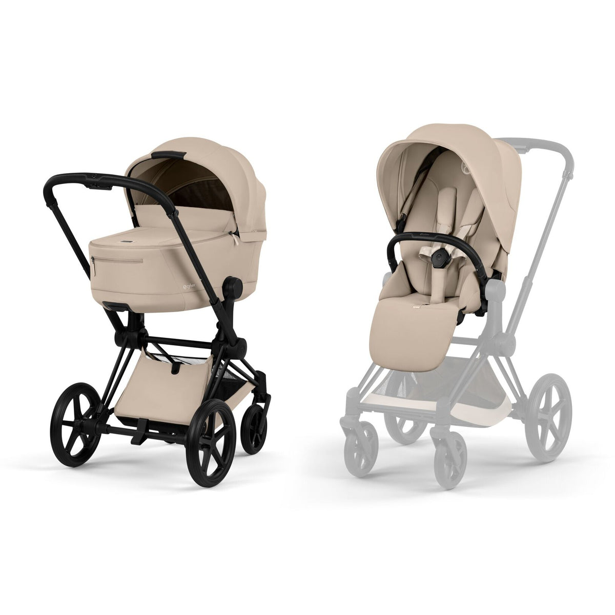 CYBEX Priam met Foldable Carry Cot in Cozy Beige en Matt Black frame, bij De Gele Flamingo