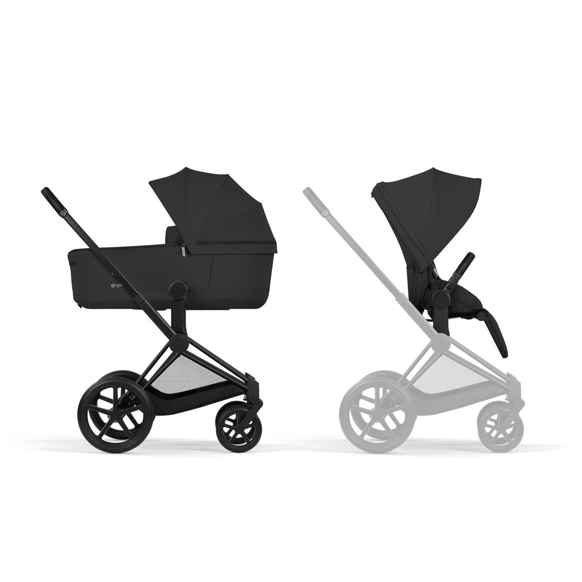 CYBEX Priam Sepia Black met matzwart frame en Foldable Carry Cot bij De Gele Flamingo