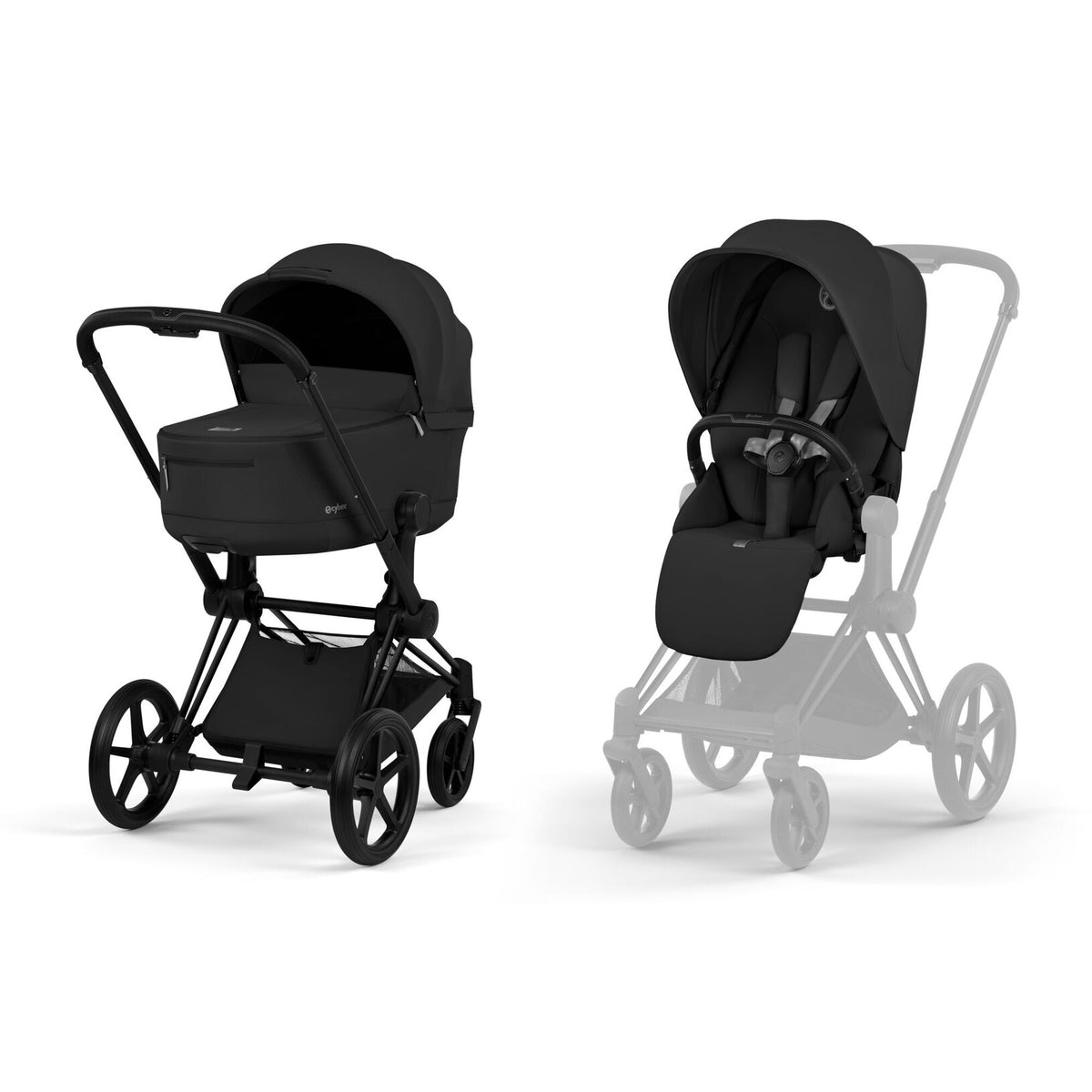 CYBEX Priam Sepia Black met matzwart frame en Foldable Carry Cot bij De Gele Flamingo