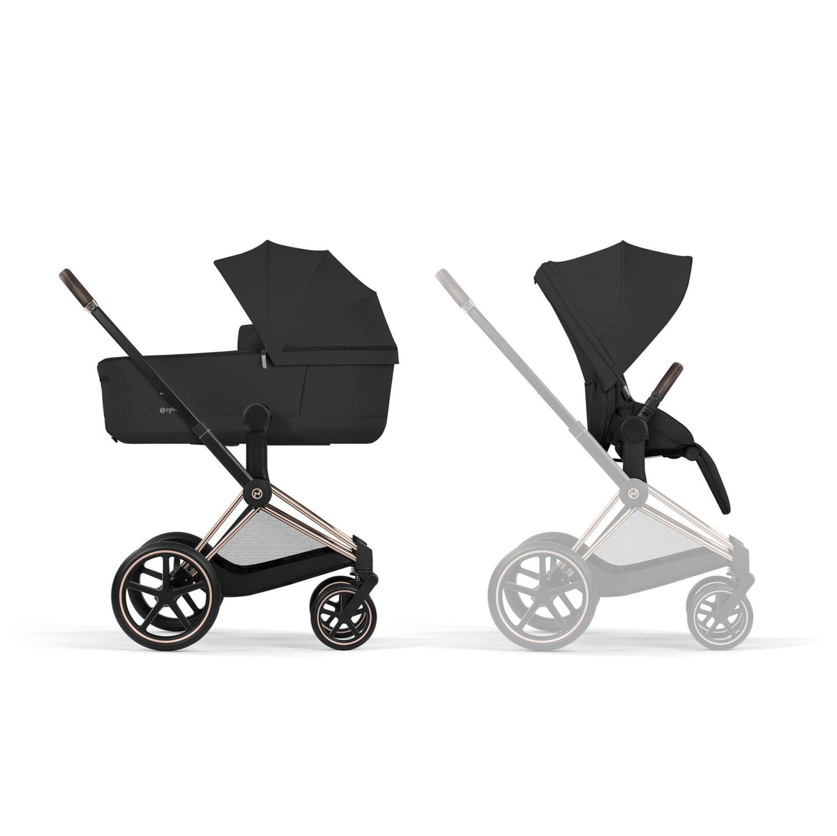 CYBEX Priam Sepia Black met Rosegold frame, luxe kinderwagen bij De Gele Flamingo