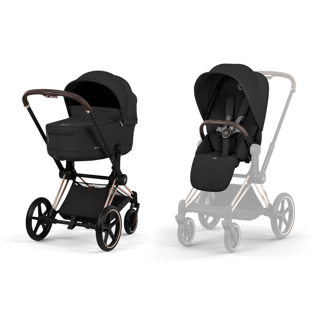 CYBEX Priam Sepia Black met Rosegold frame, luxe kinderwagen bij De Gele Flamingo