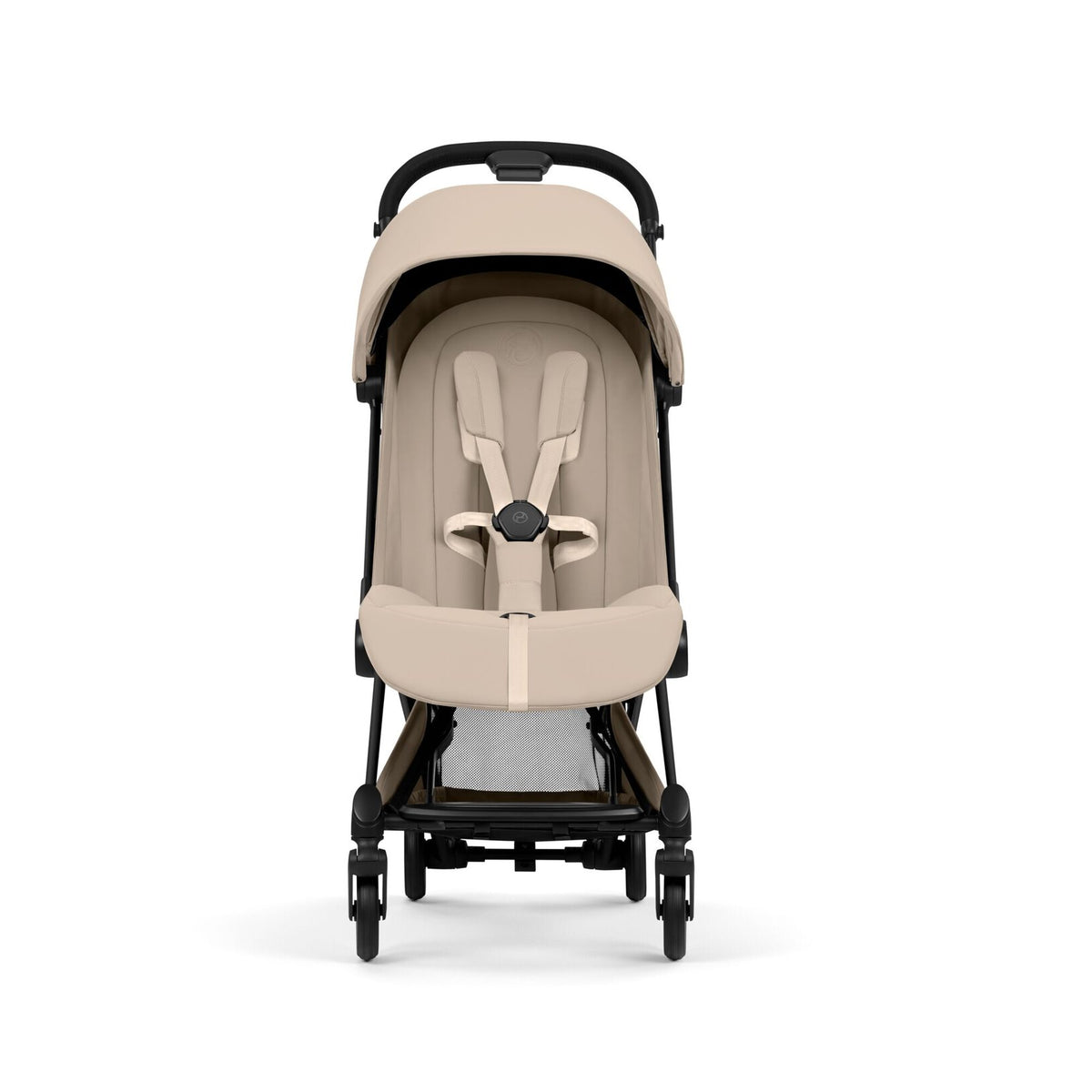 CYBEX Coya plooibuggy Cozy Beige met matzwart frame, compacte reisbuggy bij De Gele Flamingo