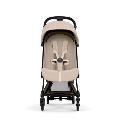 CYBEX Coya plooibuggy Cozy Beige matzwart met volledig verstelbare ligpositie, bij De Gele Flamingo