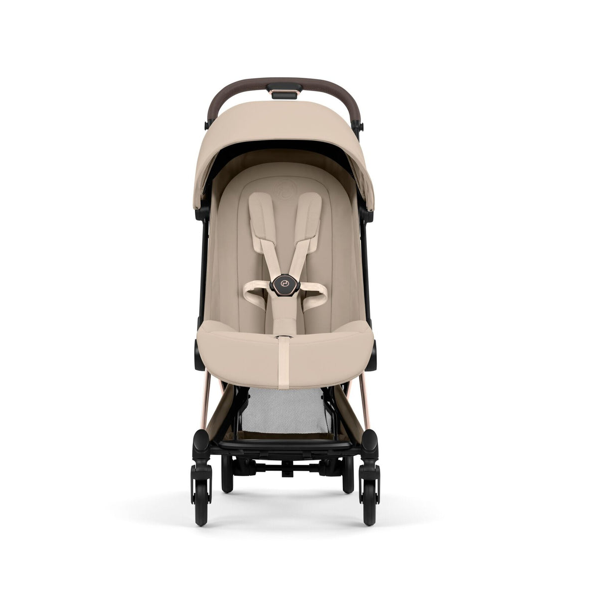 CYBEX Coya plooibuggy Cozy Beige met rosegold frame, compacte reisbuggy bij De Gele Flamingo