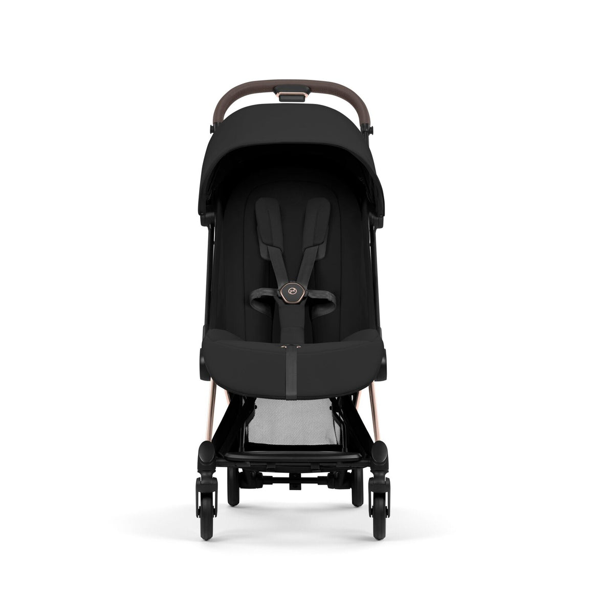 CYBEX Coya plooibuggy Sepia Black met rosegold frame, compacte reisbuggy bij De Gele Flamingo