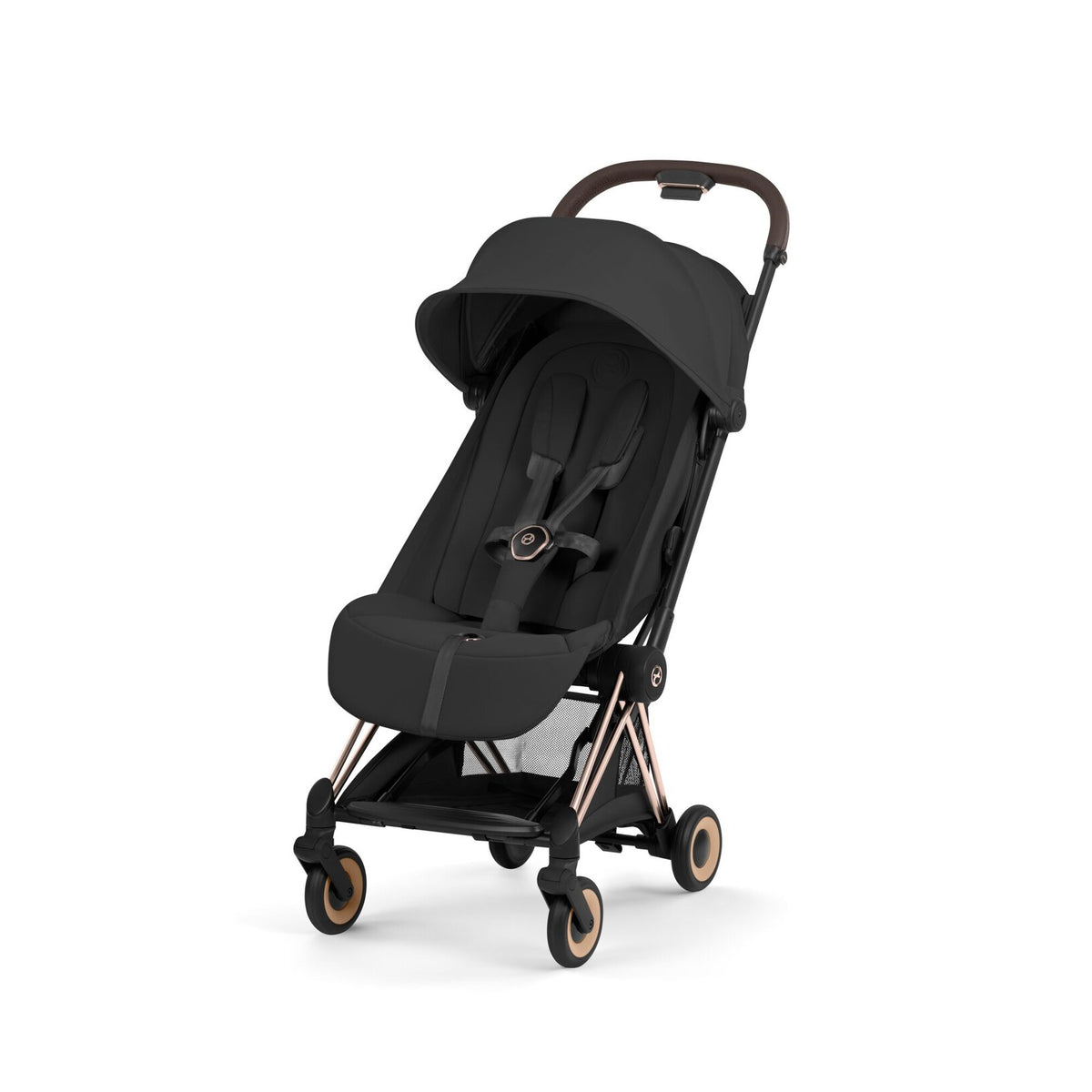CYBEX Coya plooibuggy Sepia Black met rosegold frame, compacte reisbuggy bij De Gele Flamingo