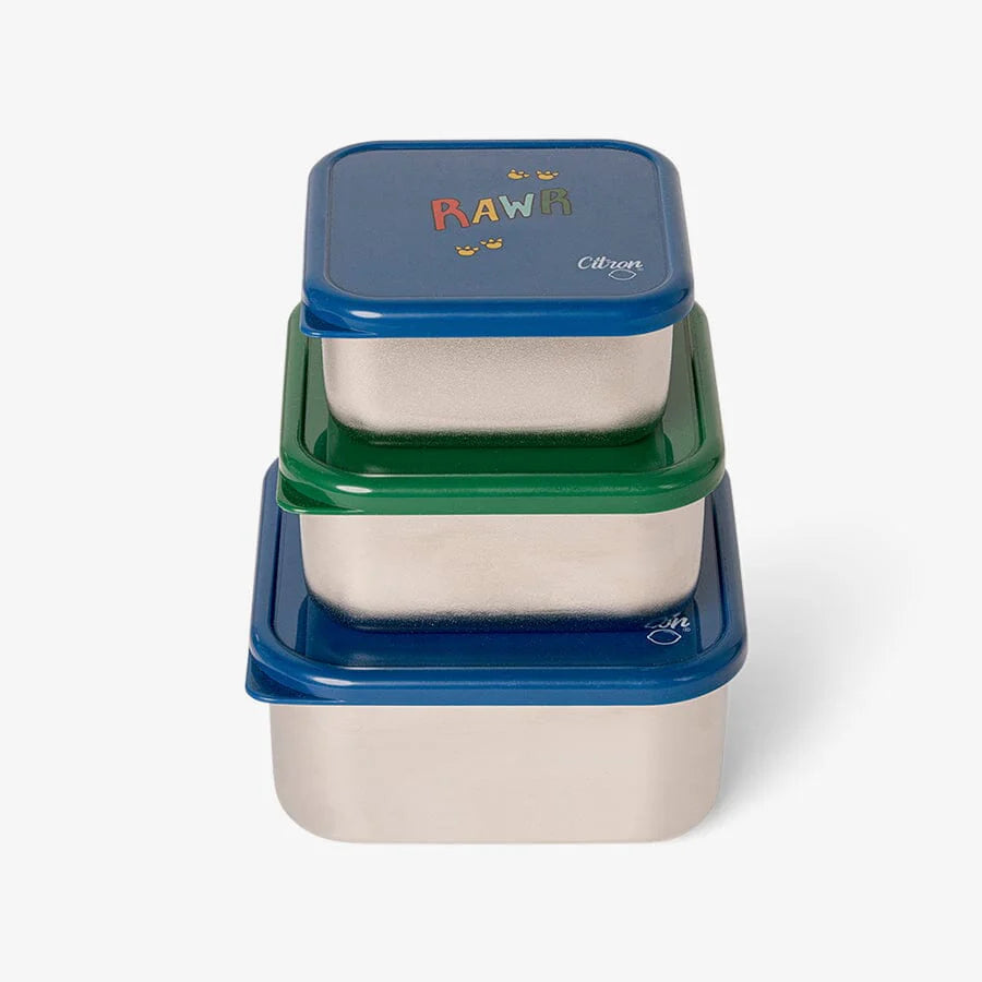 Citron RVS Snack Box Set met Blue Dino print, set van 3 bij De Gele Flamingo
