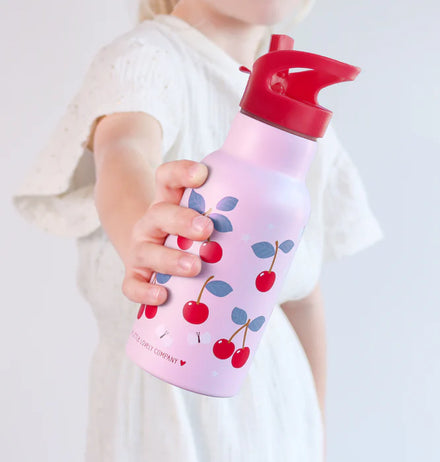 RVS drinkfles 350 ml met Kersen-print van A Little Lovely Company, met drinktuit en rietje