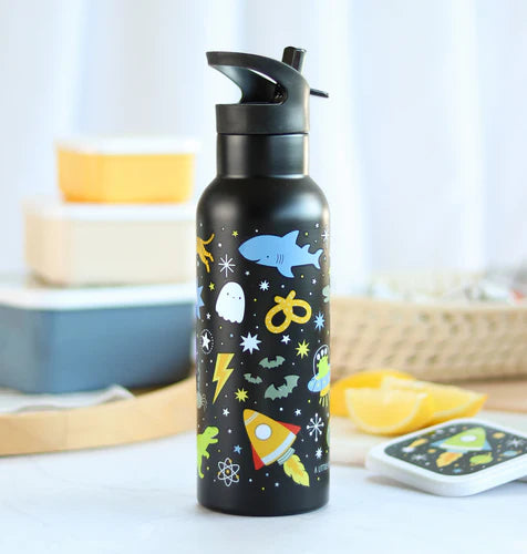 A Little Lovely Company RVS drinkfles 500 ml met Ruimte-print in zwart