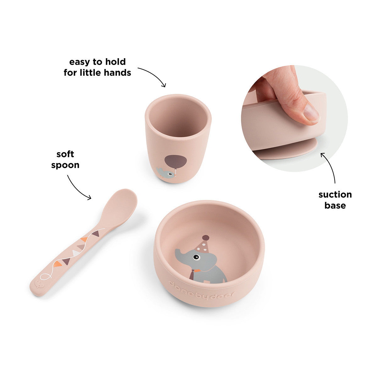 Done By Deer Stick & Stay First Meal Set Celebration Powder met Elphee, De Gele Flamingo