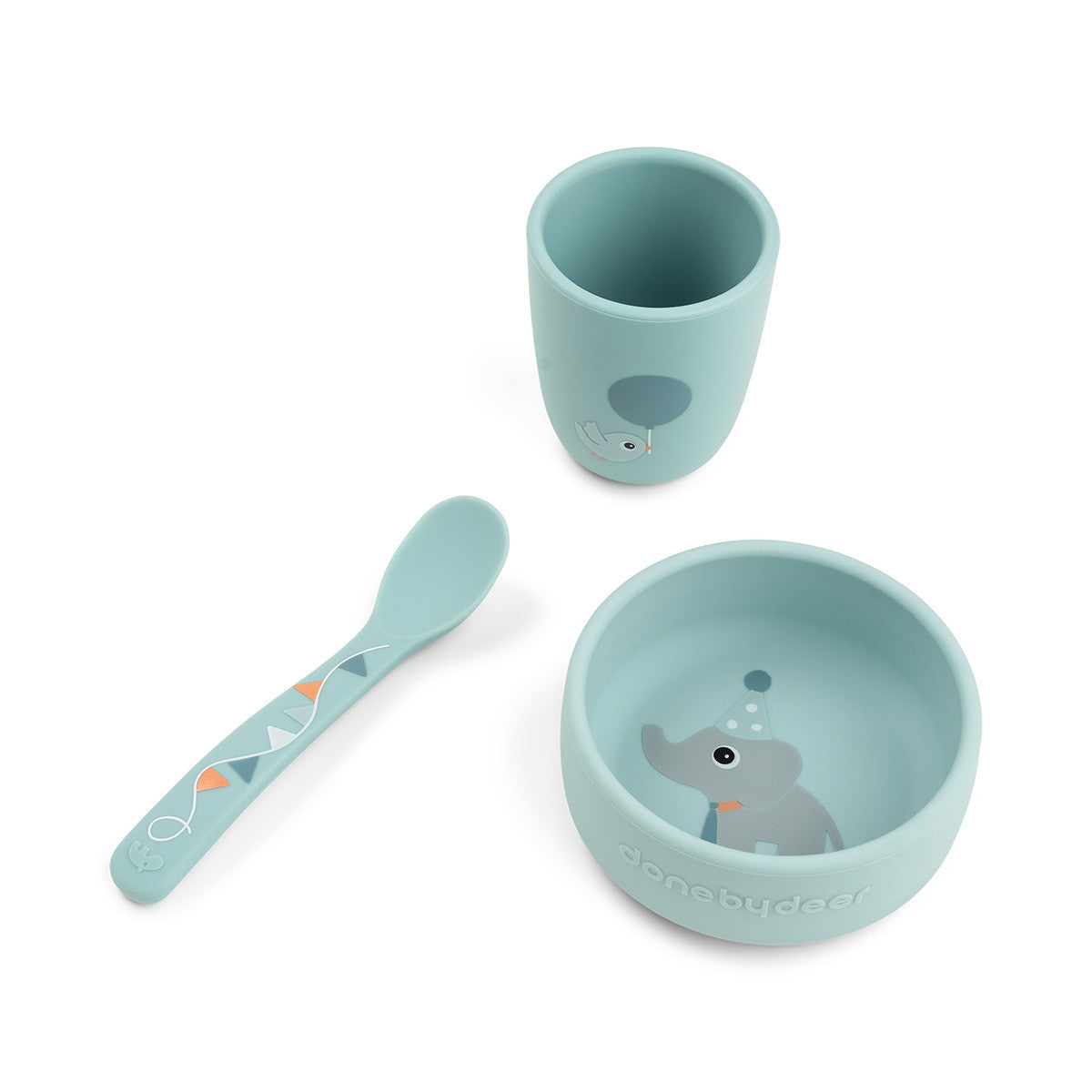 Done By Deer Stick & Stay First Meal Set Celebration Blue met Elphee de olifant, De Gele Flamingo