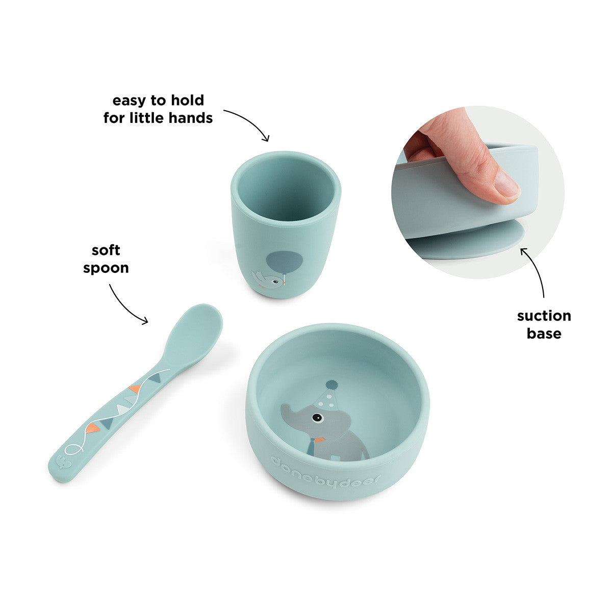 Done By Deer Stick & Stay First Meal Set Celebration Blue met Elphee de olifant, De Gele Flamingo