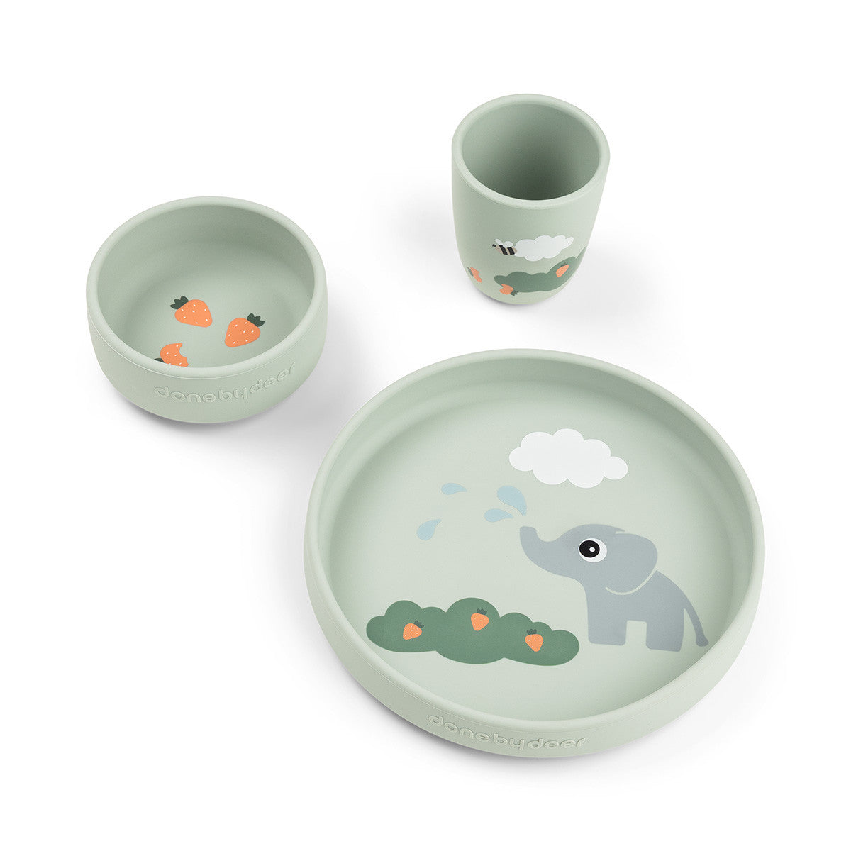 Done By Deer Stick & Stay eetset Elphee Green met zuigbases onder bord en kom, verkrijgbaar bij De Gele Flamingo.