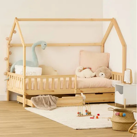 Bedhuisje Brussels van De Gele Flamingo, eenpersoonsbed van 90x190 cm in huisjesvorm met 2 lades