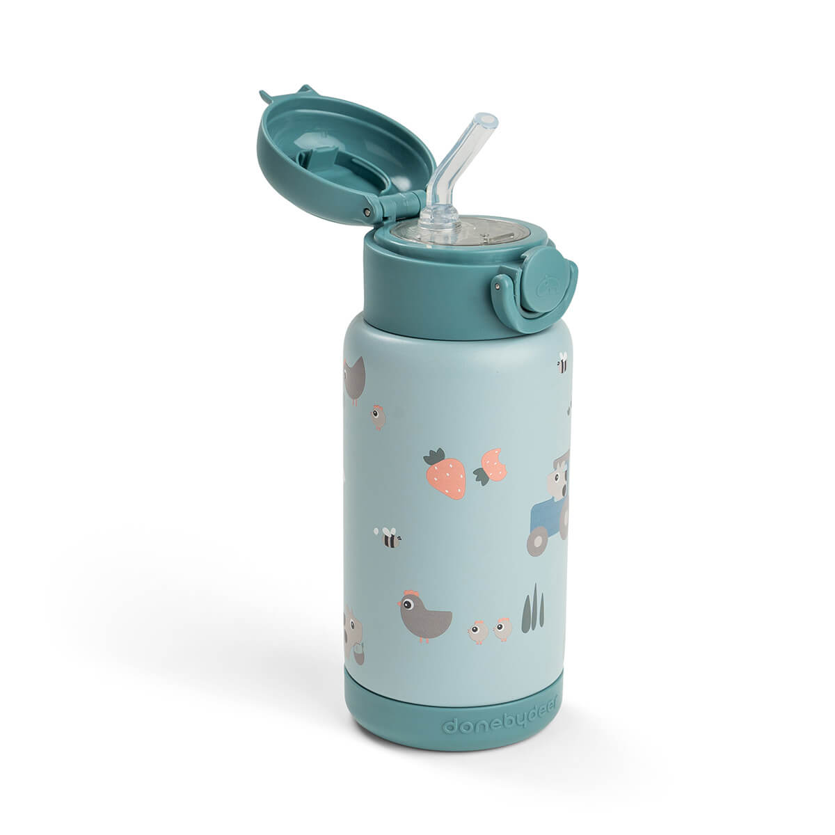 Done By Deer thermische drinkfles met rietje Tiny Farm Blue