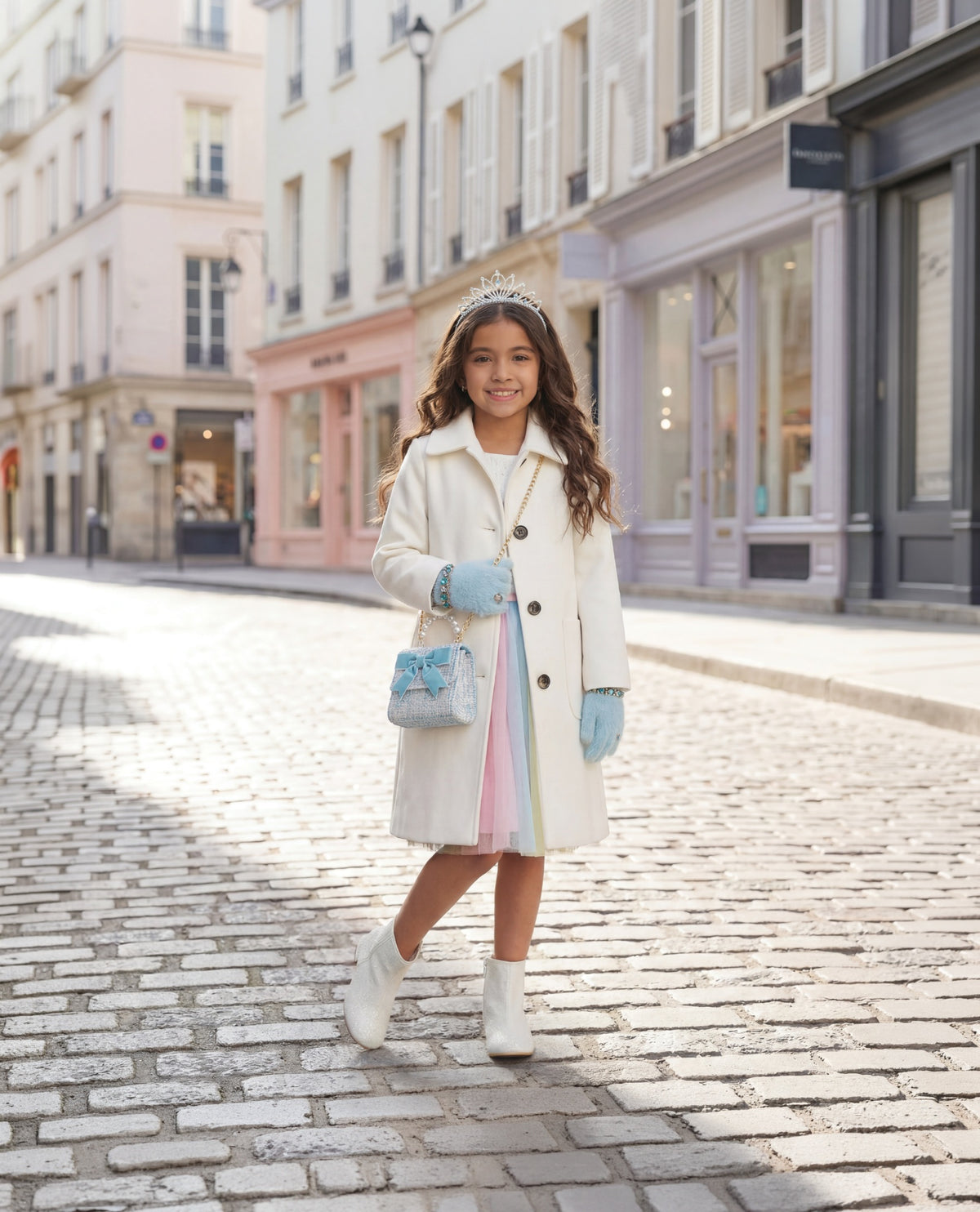 Great Pretenders Bijoux Handschoenen blauw, pluizige verkleedhandschoenen met steentjes