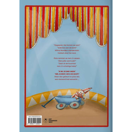 Achterkant van het kinderboek Wilma Wonder en de Circusbaby met circustent en kinderwagen