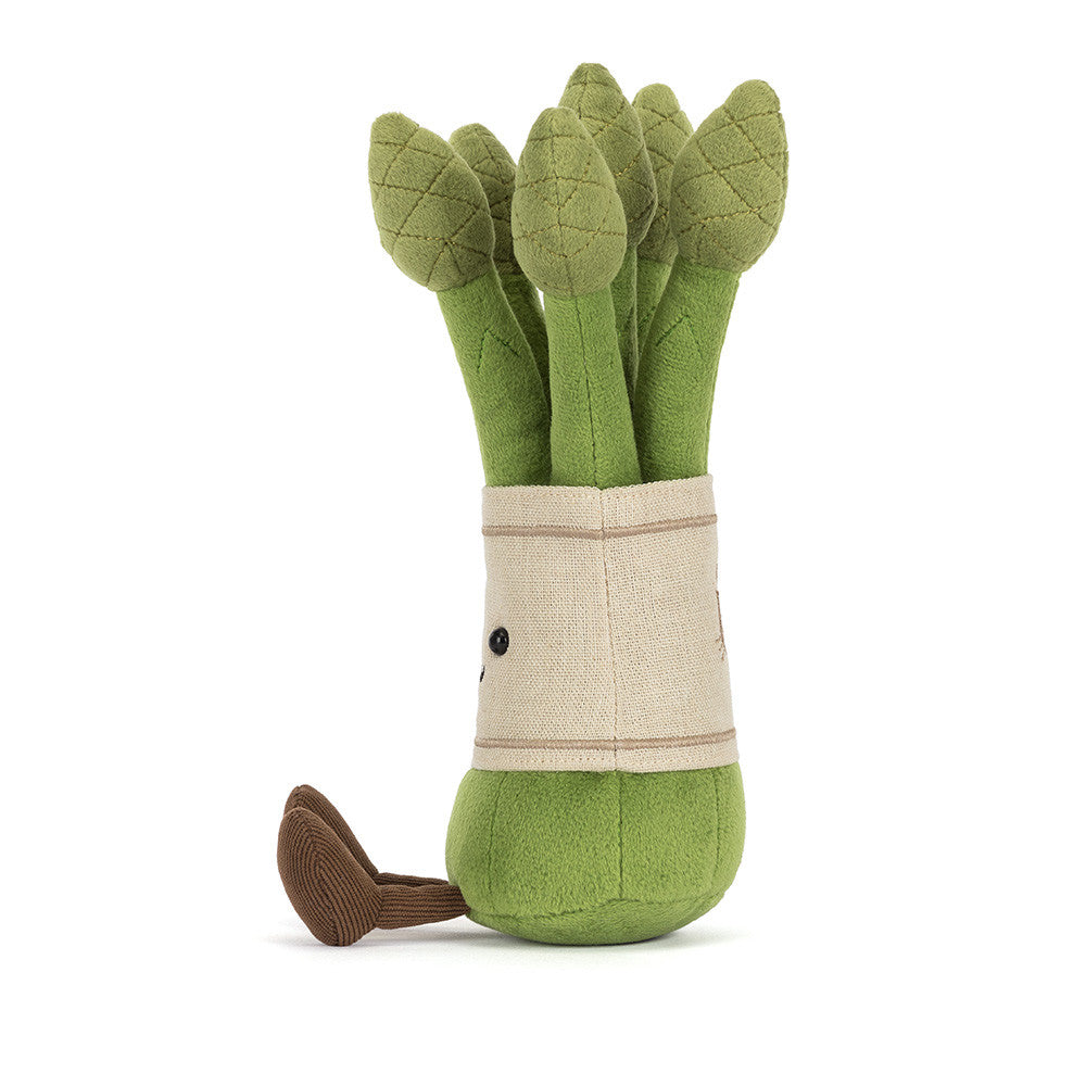 Jellycat Amuseables Asparagus, zijaanzicht met bruine beentjes