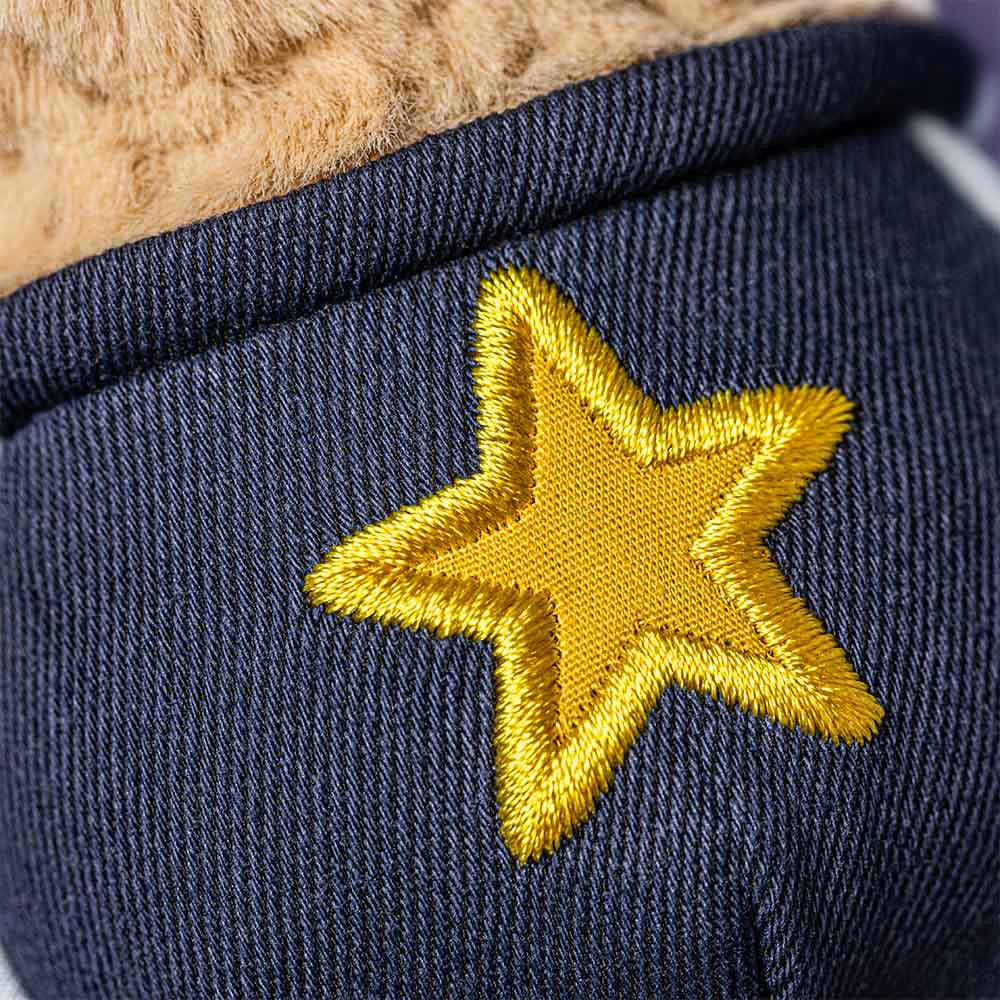 Jellycat Amuseables Peanut Star Student, vooraanzicht van het pindaatje in blauw pakje met ster