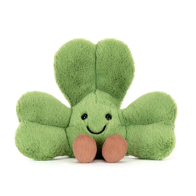 Jellycat Amuseables Siofra Shamrock, vooraanzicht van het groene klavertje met beentjes