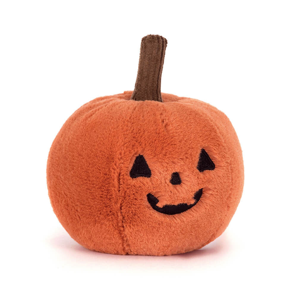 Jellycat Ooky Jack O Lantern, vooraanzicht van de oranje pompoen met grijns