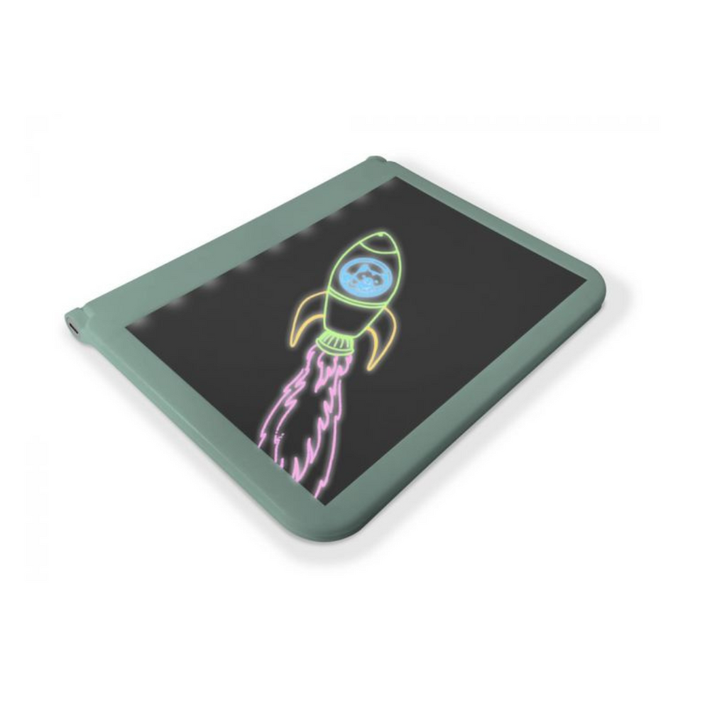 Kidywolf Kidydraw Pro groen, neon-krijtbord met kleurrijke tekening schuin van boven