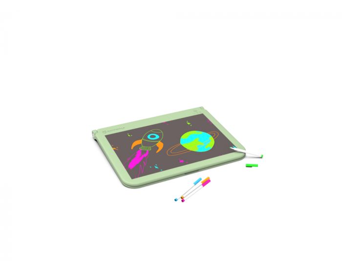 Kidywolf Kidydraw Pro groen, tablet met neontekening en stiften op witte achtergrond