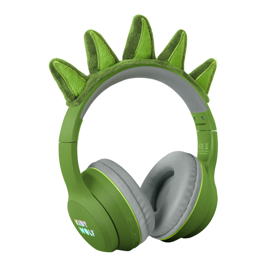 Kidywolf Kidyears bluetooth koptelefoon Dino groen, vooraanzicht met stekels