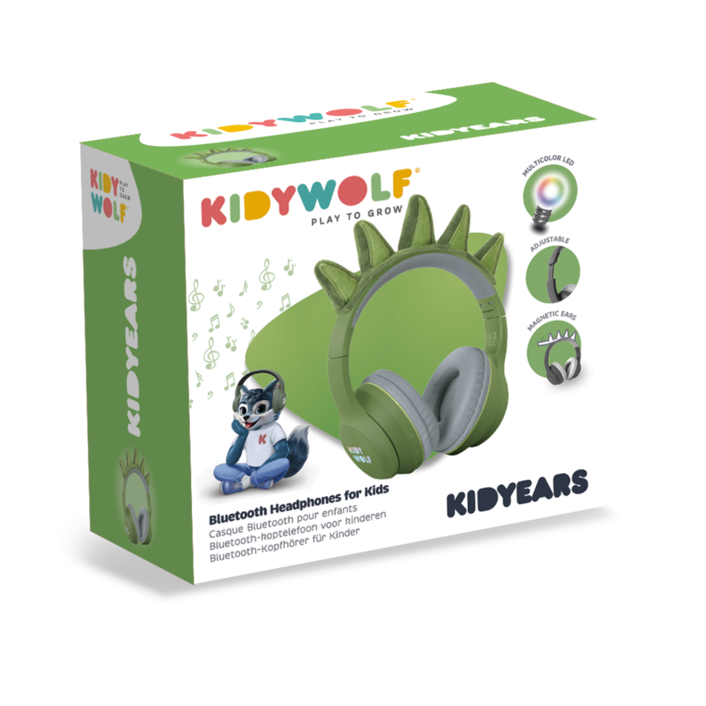 Kidywolf Kidyears bluetooth koptelefoon Dino groen, vooraanzicht met stekels