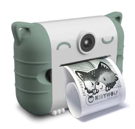 Kidywolf Kidyprint fotocamera met printer groen, vooraanzicht met uitgeprinte foto