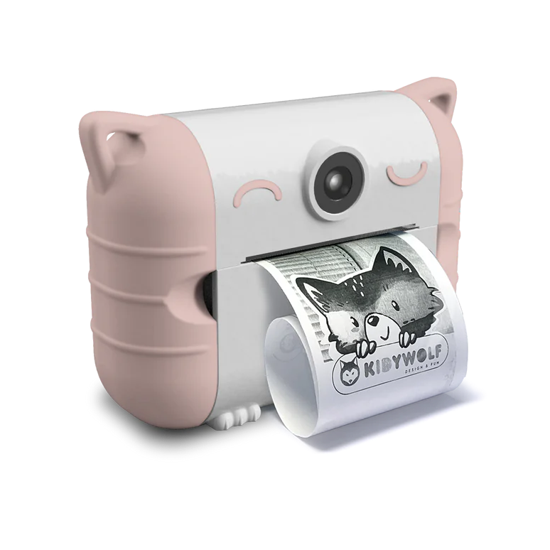 Kidywolf Kidyprint fotocamera met printer peach, vooraanzicht met uitgeprinte foto
