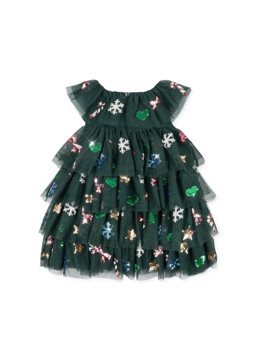 Konges Sløjd Jurk Yvonne Christmas Dress Hunter Green, achterkant van de jurk op witte achtergrond