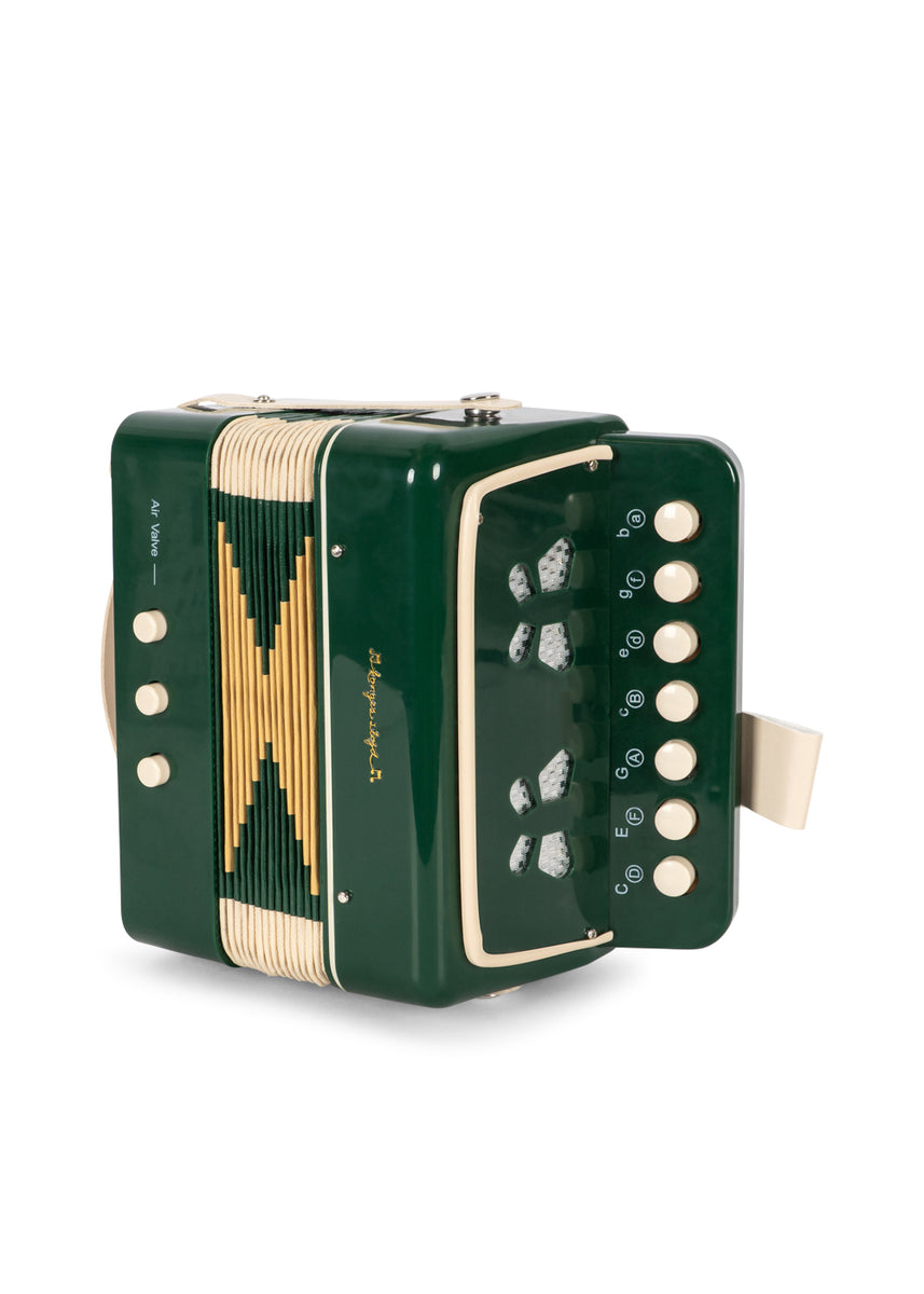 Konges Sløjd Muziekspeelgoed Harmonica Green, groene mondharmonica op witte achtergrond
