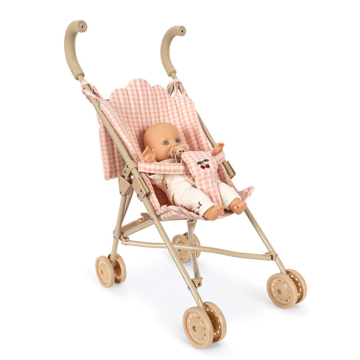 Konges Sløjd Poppenset Poppy Doll Stroller Set Pink Check, poppenset met buggy op witte achtergrond