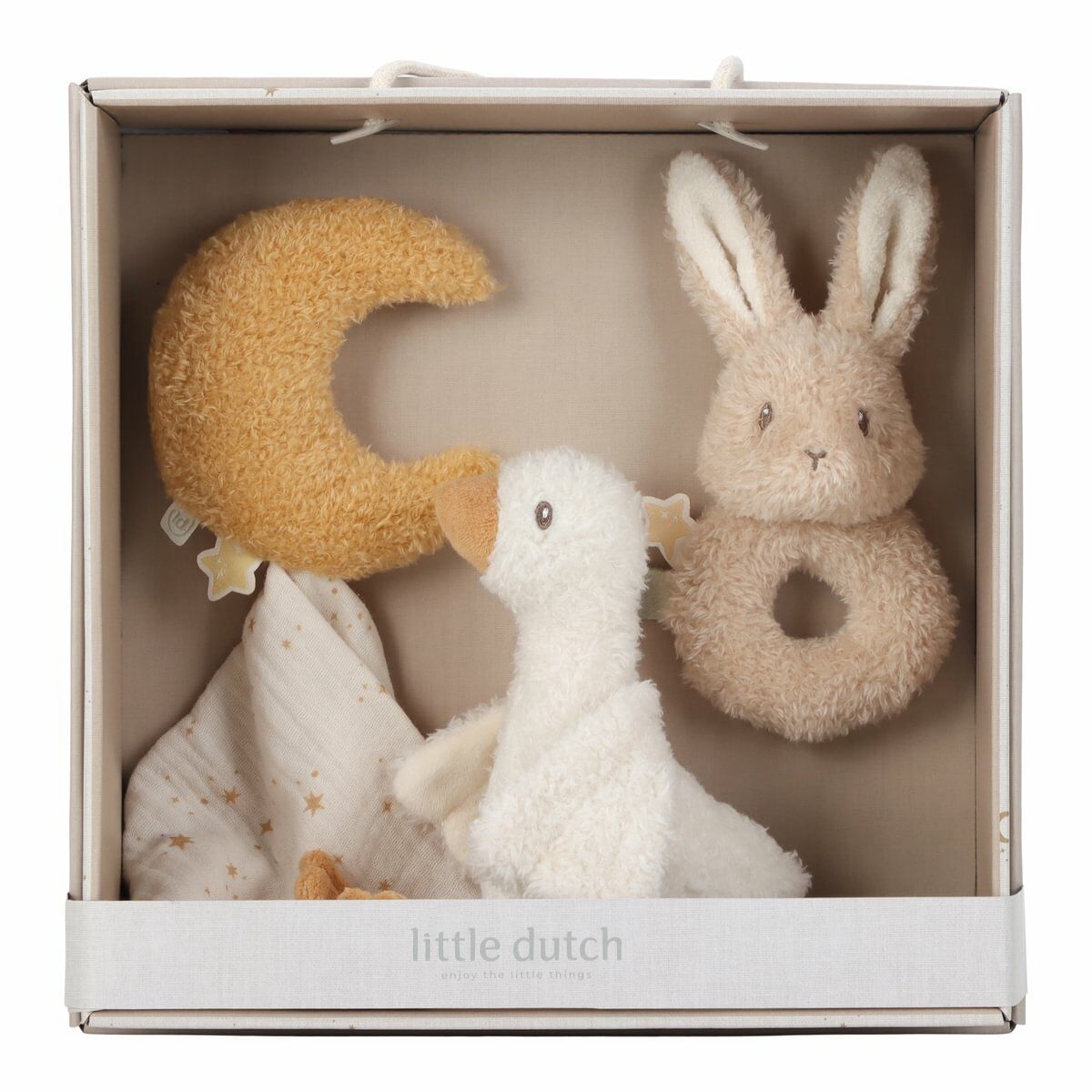 Little Dutch giftset Newborn Naturals, geopende doos met maan, gans en konijnrammelaar