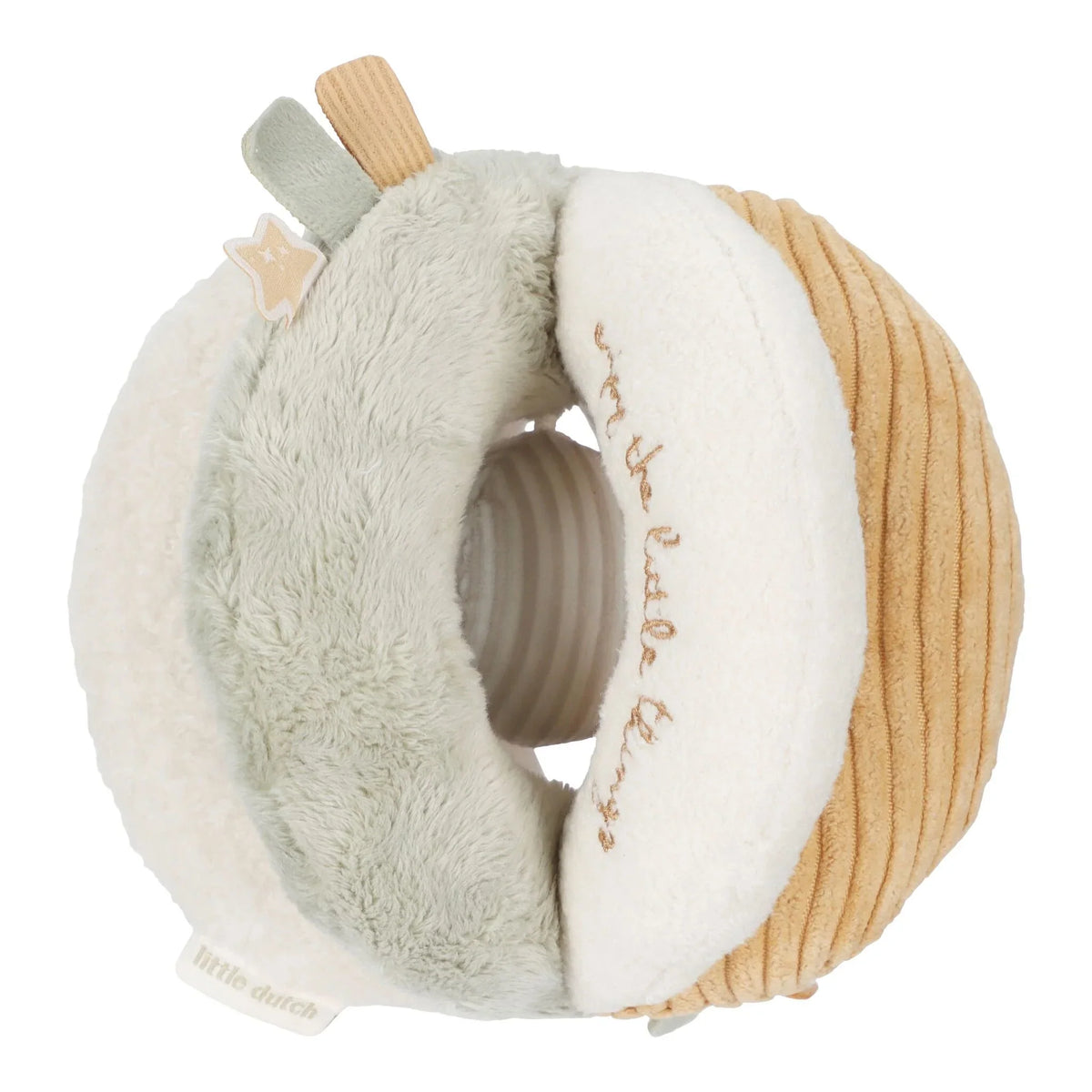 Little Dutch grijpbal Newborn Naturals, stoffen bal met beige, witte en groene vlakken en labeltjes